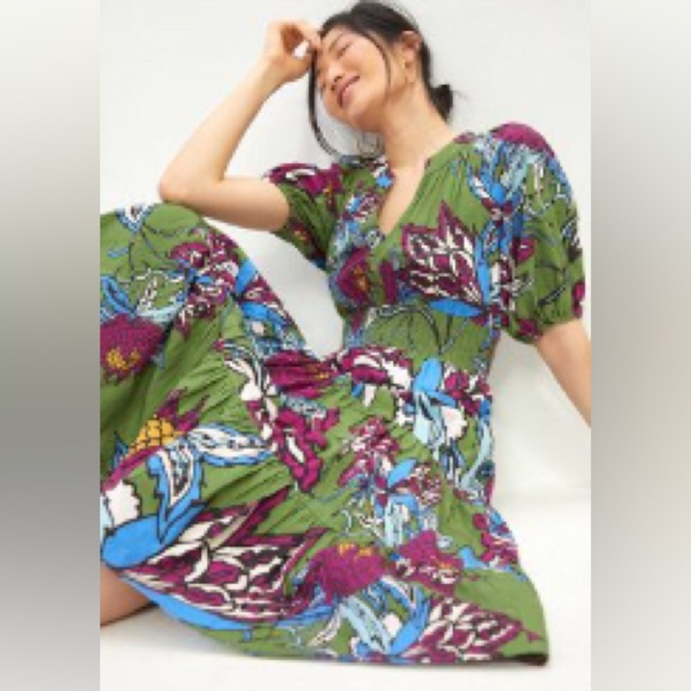 Anthropologie ‘Conditions Apply’ Midi Dress multi floral with puff sleeves sz 8